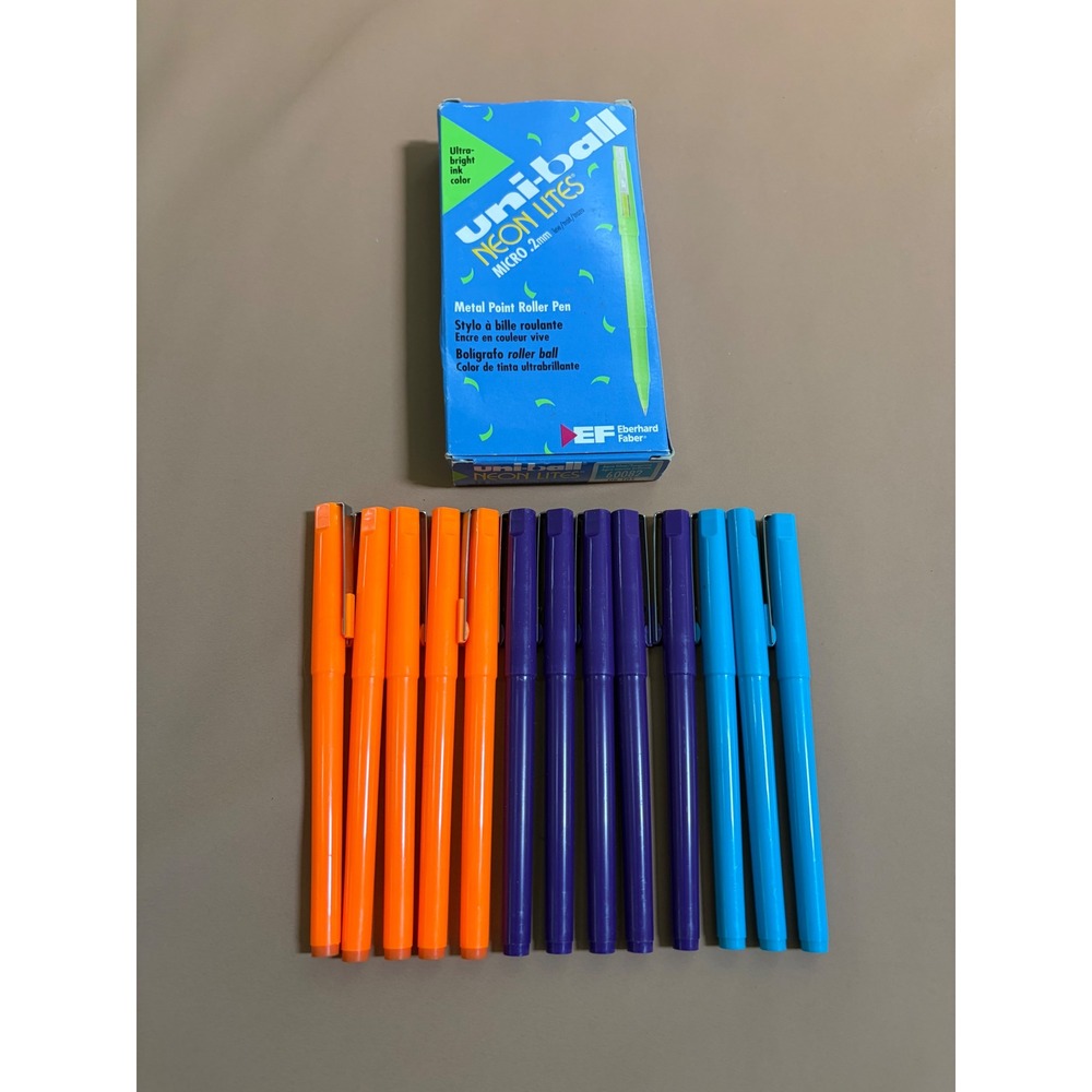 Uni-Ball Neon Lites Vintage Rollerball Pens Micro .2mm 12ct Orange Purple Blue